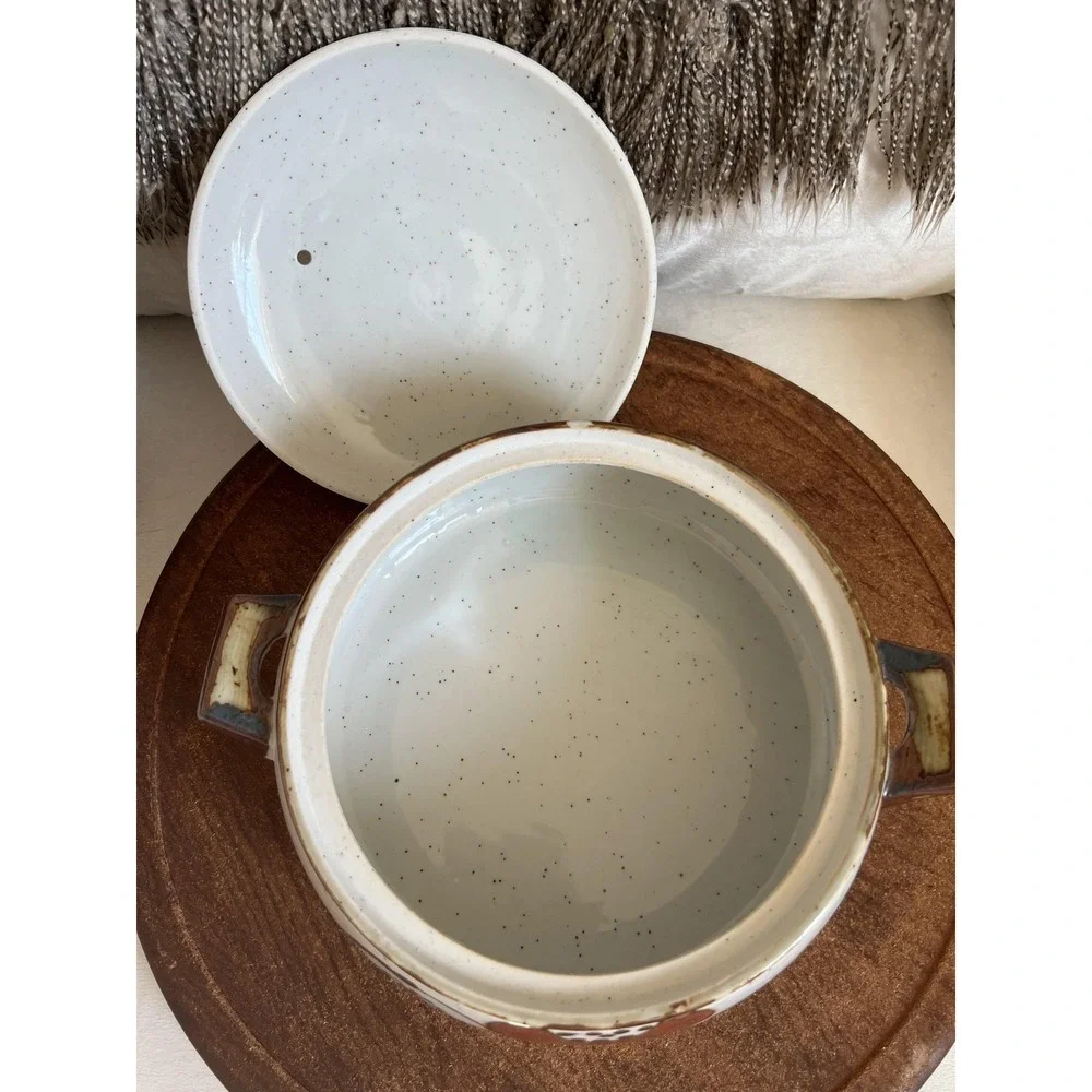 Vintage Otagiri Ceramic Casserole Hot Pot With Lid White Speckled Kitchen Rustic